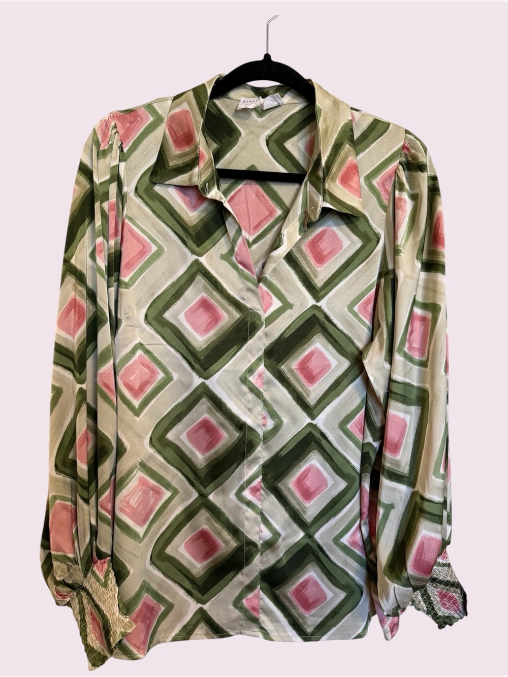First Love Small Pink/Green Geometric Print Long Sleeve Smocked Cuff Top EUC